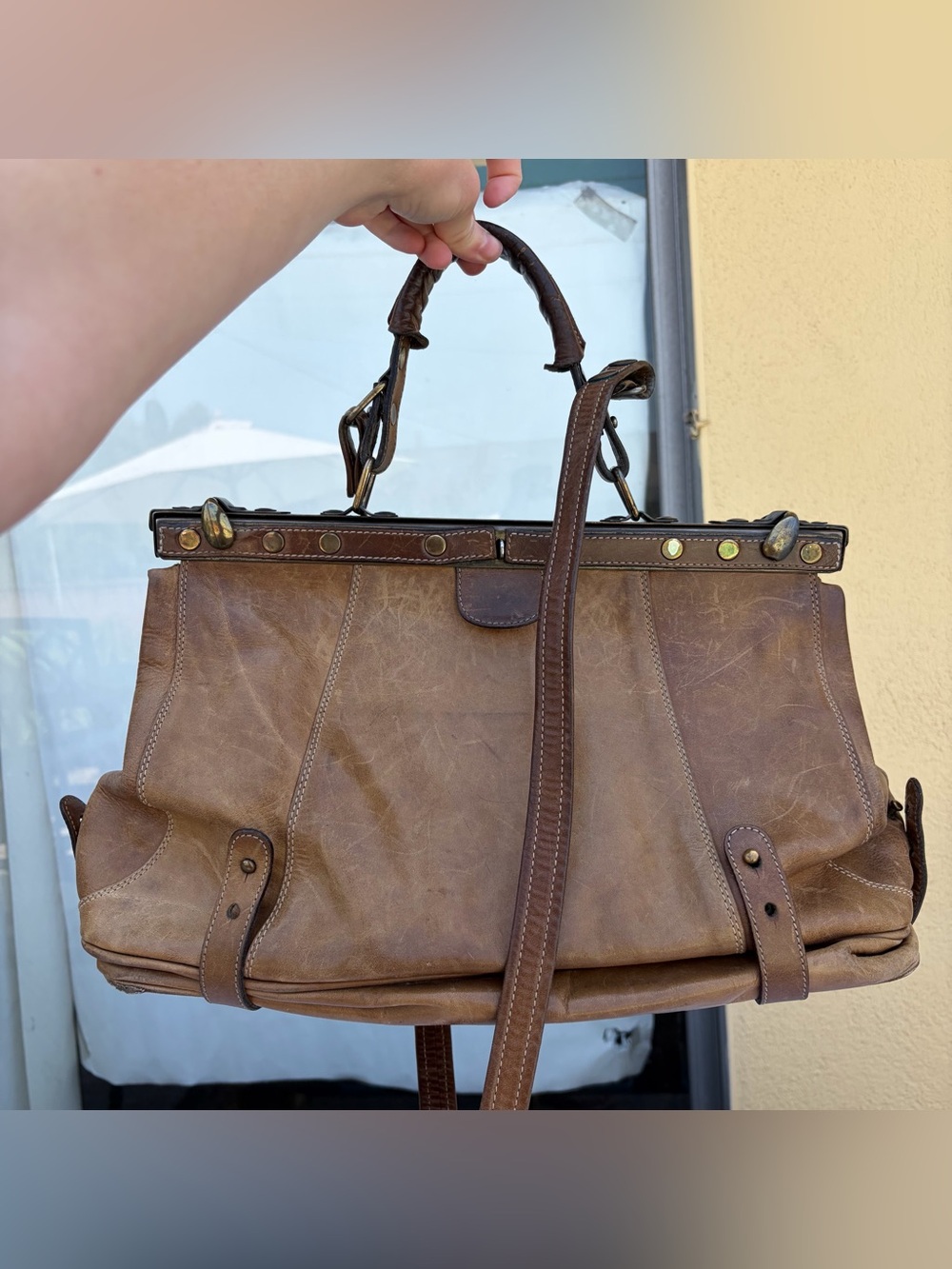 Vintage Brown Leather Doctor Bag with Crossbody Strap, Streetwear